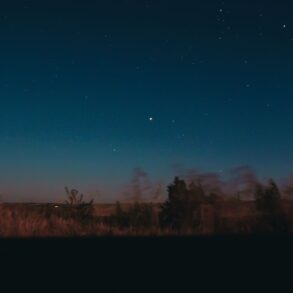 View through moving car window of horizon line with dark star sky and blurred trees