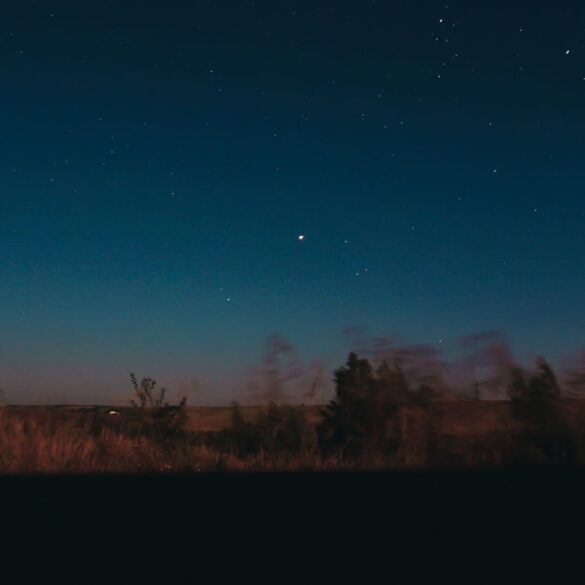 View through moving car window of horizon line with dark star sky and blurred trees